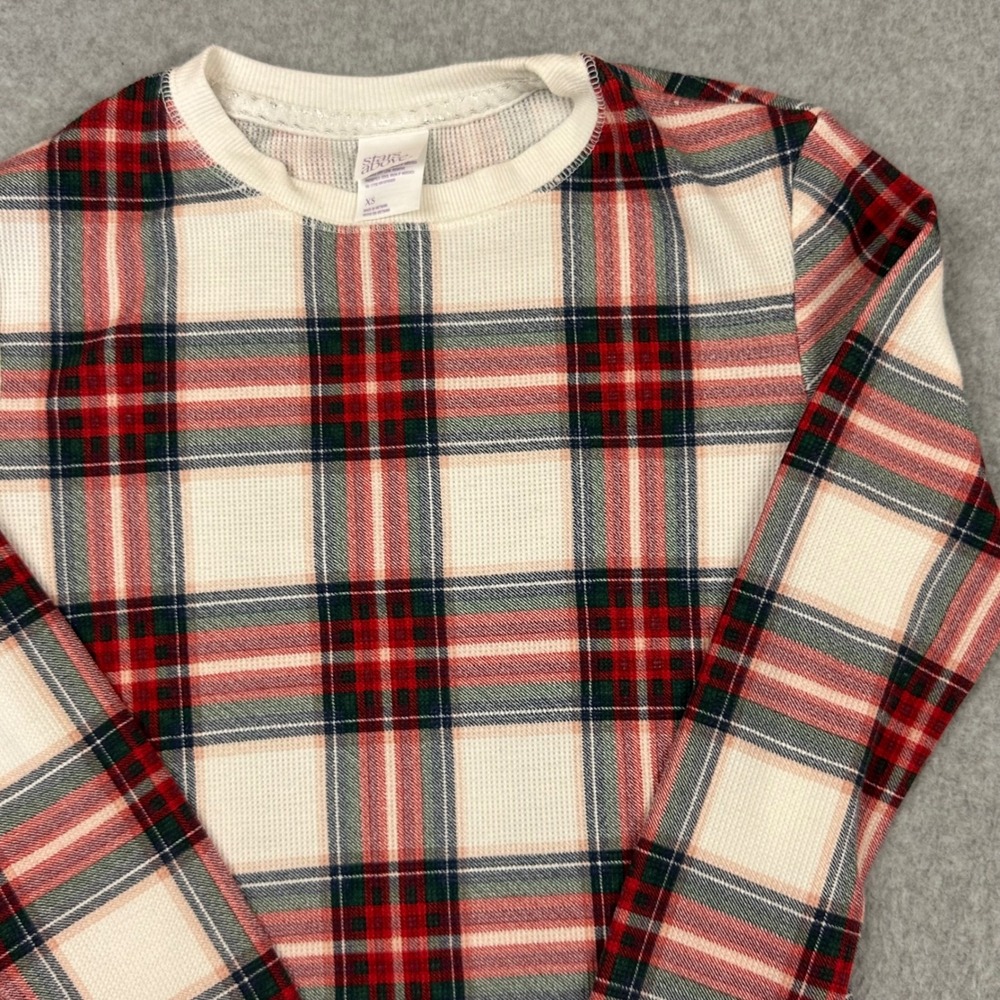 Stars Above Womens XS Plaid Thermal Waffle Knit Top Red Green White‎ Long Slv - Picture 4 of 8